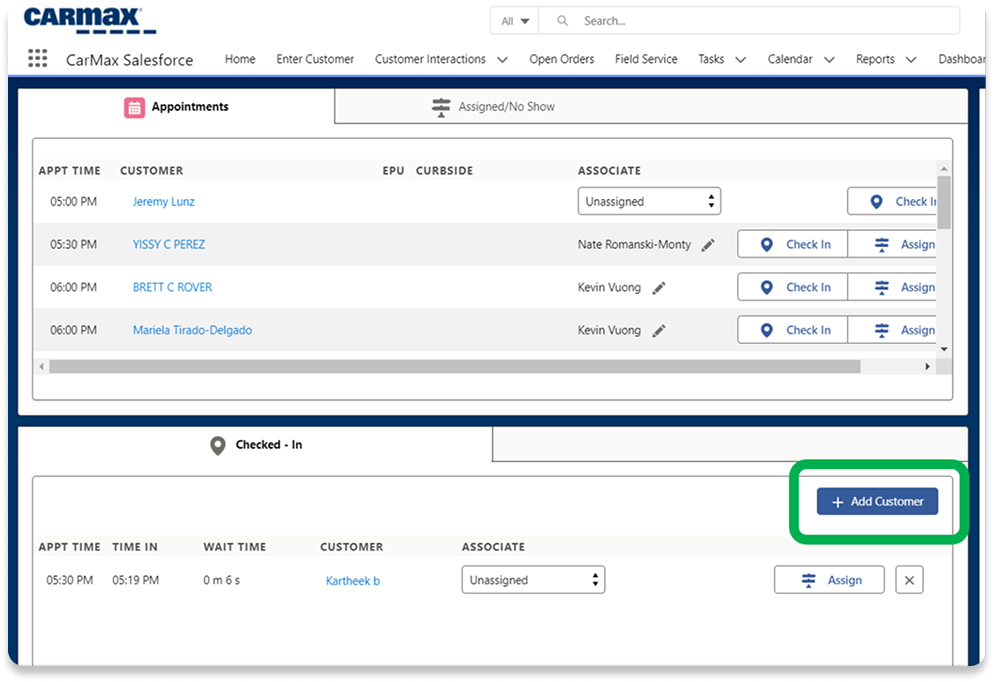 Coordinator and Salesforce check-in flow screens