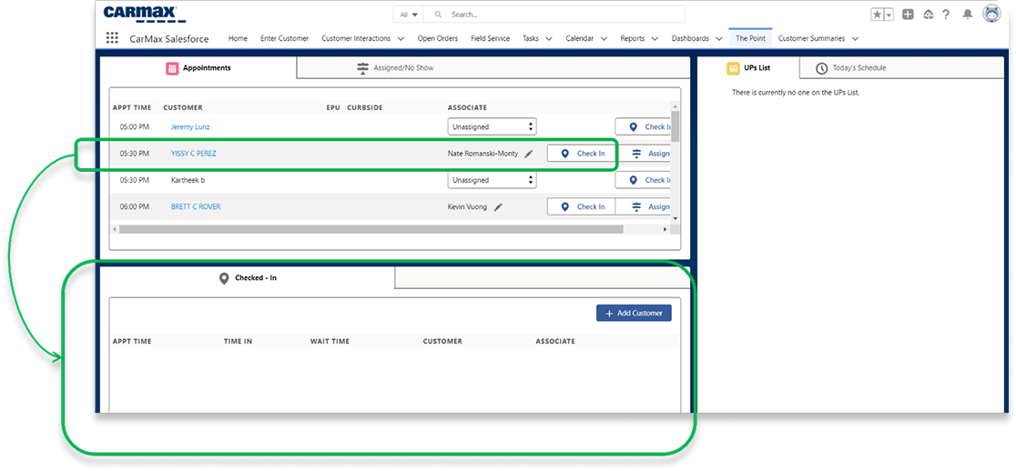 Coordinator and Salesforce check-in flow screens