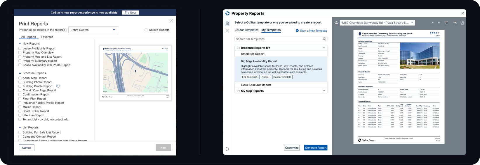Live preview and property reports interface